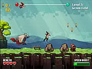 Mage Runner game screenshot showing a small magician character running across a crumbling stone path with lava and an abyss in the background