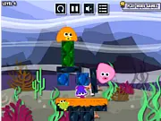 Aqua Jelly Puzzle 2 game screenshot, two blue jellies trying to reach the orange ground, play free physics puzzle game online