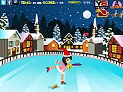 Screenshot of Christmas Skating Collector free game, showing a girl on ice skates gathering colorful Christmas gifts on a frozen pond