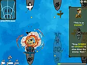 Screenshot of Battlefleet 9 online game showing a small plane shooting at a large enemy battleship on the ocean