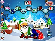 Screenshot of the My Cute Santa Pets Dress Up game showing a small dog or cat wearing a festive jacket, small shoes, and a red Santa hat.