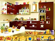 Kitchen Hidden Objects online game screenshot showing a detailed kitchen scene with a list of items to find
