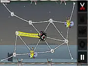 Gameplay screenshot of the Greedy Spiders puzzle game showing a tangled spiderweb with trapped bugs and moving spiders