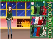 Ugly Christmas Sweater game screenshot showing a girl wearing a brightly colored, tacky holiday sweater with excessive festive embellishments, paired with a pleated skirt. Play free online Christmas dress up game.