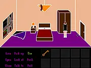 Let's Click and Makeup free online point and click adventure game screenshot showing a messy bedroom and a female character in a panic.