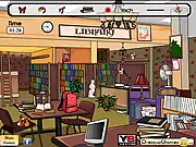 Hidden Object Library online game screenshot showing a bookshelf and reading area with hidden items to find