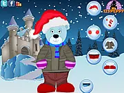 A cute cartoon bear wearing Christmas themed clothing like a Santa hat and a festive scarf in the free online game