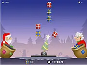 Santa Claus supervising a flow of colorful gifts and bombs being sorted into bags using a magic Christmas tree in the Christmas Sorter online game