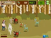 Screenshot of Redneck VS Zombies game showing the main character shooting a wave of oncoming animal zombies, with the in-game currency and weapon icons visible. Play Redneck VS Zombies free.