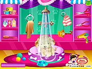 Screenshot of the Christmas Puppy Care game showing a cute brown puppy wearing a Santa hat and a festive scarf after a successful grooming session.