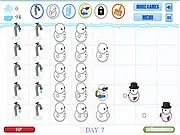 Battle of Snowmen game screen showing a snowy battlefield with strategically placed snowmen and ice walls defending a base against an enemy attack
