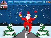 Screenshot of the Santa Gift Balance free online game, showing Santa Claus riding a bicycle with a stack of gift boxes on a snowy track.