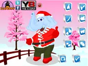 Screenshot of the Christmas Elephant Dress Up free online game showing a cute elephant wearing a festive Santa hat and red scarf.