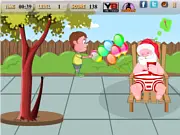 Santa And The Naughty Boy free online game image showing a boy trying to play a prank on an unsuspecting Santa Claus.