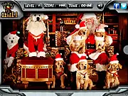 Screenshot of Santa Paws Hidden Objects game showing a cozy Christmas living room scene with a list of items (toys, ornaments, bells) that the player must find hidden in the image. Play free online Christmas game.