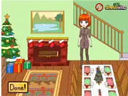 The living and dining room decorated for Christmas in the Holiday Party Planner game, with Caroline dressed in a festive holiday outfit.