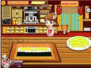 Delicious Sushi Cooking free online game screenshot, showing beautifully prepared Asian sushi rolls, rice, and fresh ingredients on a wooden board