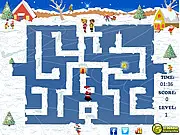Screenshot of Santa Skating Maze game showing Santa Claus on ice skates navigating a snowy maze to collect wrapped Christmas gifts