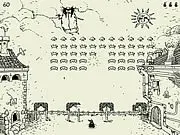 Daymare Invaders free online arcade shooter game screenshot showing a dark, foggy town with an armed player character facing an incoming wave of shadowy enemies.