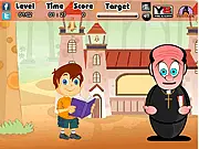 The main character, a small mischievous boy, performing a secret naughty action during the Christmas season in the free online stealth game.