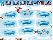 Santa Claus serving various foods to a line of hungry penguins in a festive restaurant setting in the free online time management game.