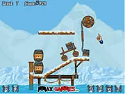 Pirates Arctic Treasure gameplay screenshot showing a treasure chest suspended by chains and ice. Play free online physics puzzle game on PlayArcadeHub.
