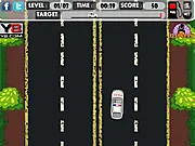 Screenshot of the Highway Patrol Drive online game, a police car racing on a highway avoiding other vehicles and collecting fuel