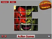 Sliding tile puzzle game featuring an action image of the Red Hulk and the Green Hulk fighting, partially scrambled.