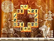 Maya Tower Mahjong free online game screenshot showing a pyramid-shaped stack of colorful mahjong tiles with Maya symbols