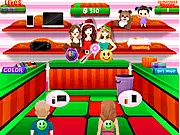 DM Toy Workshop game screen showing Lilly, Ella, and Sarah serving customers with toy orders, play free online time management game.