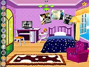 Screenshot of the Justin Bieber Fan Room Decoration game showing a bedroom decorated with large Justin Bieber posters, themed bedding, and musical decor.