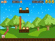 The Hungry Pig character waiting for a piece of fruit in a puzzle level with wooden blocks and physics elements. Play Hungry Pig free online game.