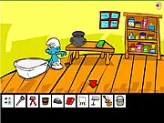 Screenshot of The Smurfs: The Last Christmas game showing Clumsy Smurf running through a snowy forest pursued by the villain Gargamel