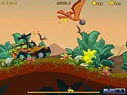 A large truck loaded with dinosaur eggs driving through a rugged, green Dinosaur Park while being chased by a large dinosaur. Play Dinosaur Truck Delivery game online.
