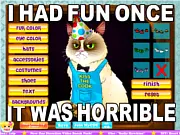 Screenshot of the Grumpy Cat Dress Up game showing the famous cat wearing a funny hat and accessory with a distinctly grumpy expression.