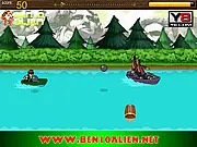 Gameplay screenshot of Ben 10 Super Attack Adventure showing Ben Tennyson running and attacking an enemy soldier while collecting a green power-up orb.