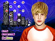 Gameplay screenshot of Justin Bieber Tattoos Makeover free online game showing the celebrity being styled with clothes and tattoos.