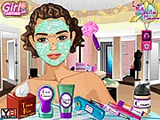 Shop assistant receiving a last minute makeover, including facial treatment, makeup, and dress up with stylish clothing in an online game.