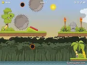 Screenshot of Totems Awakening game, showing a coconut being tossed in an island environment with ancient sleeping totems and physics-based obstacles, a free online puzzle game.