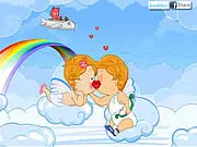 Cupid Love Kiss game screenshot, two cartoon cupids kissing while trying to avoid being seen in a free online game
