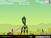 Gameplay of Alien Invader free online game showing a UFO blasting a farm with a laser beam, causing buildings to catch fire.