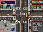 Busy crossroads with cars and a train line, being managed by a player in the online game Traffic Mania