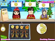 Screenshot of Christmas BBQ Party cooking game showing holiday-themed customers waiting while a chef grills skewers and meat on a large barbecue.