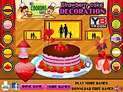 A beautifully decorated strawberry cake with frosting, fresh strawberries, and candy sprinkles in a virtual decoration game.
