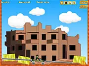 Lucky Builder game screenshot, a builder character next to collapsing wooden blocks leading to a pile of sand
