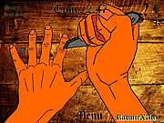 Screenshot of Knife & Hand 2 extreme reaction game, hand lying on a table with a knife stabbing the gaps, high-speed clicking challenge, test of precision and attention