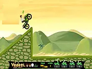 Screenshot of the Ben 10 Stunt Mania game, showing Ben Tennyson on a dirt bike in mid-air over a large, challenging stunt ramp.