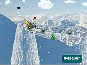 Ben 10 Snow Rider online game screenshot, Ben 10 riding a bike across a snowy, obstacle-filled mountain, free balancing game