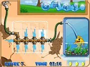 Gameplay screenshot of I Need Water showing a grid of water pipe tiles that need to be rotated to connect a faucet to an empty fish aquarium.