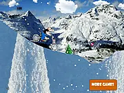 Popeye the Sailor Man riding a dirt bike in a side-scrolling snow environment, attempting to climb a steep, icy hill.